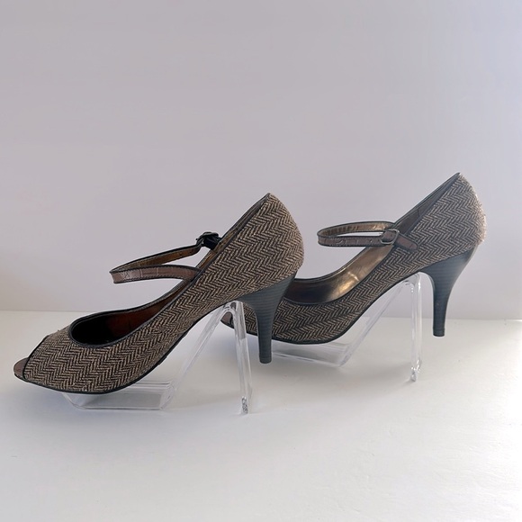 Prediction Brown Tweed Heels 90’s Peep Toe Size 9 Ankle Straps Office Walkable - Picture 3 of 9
